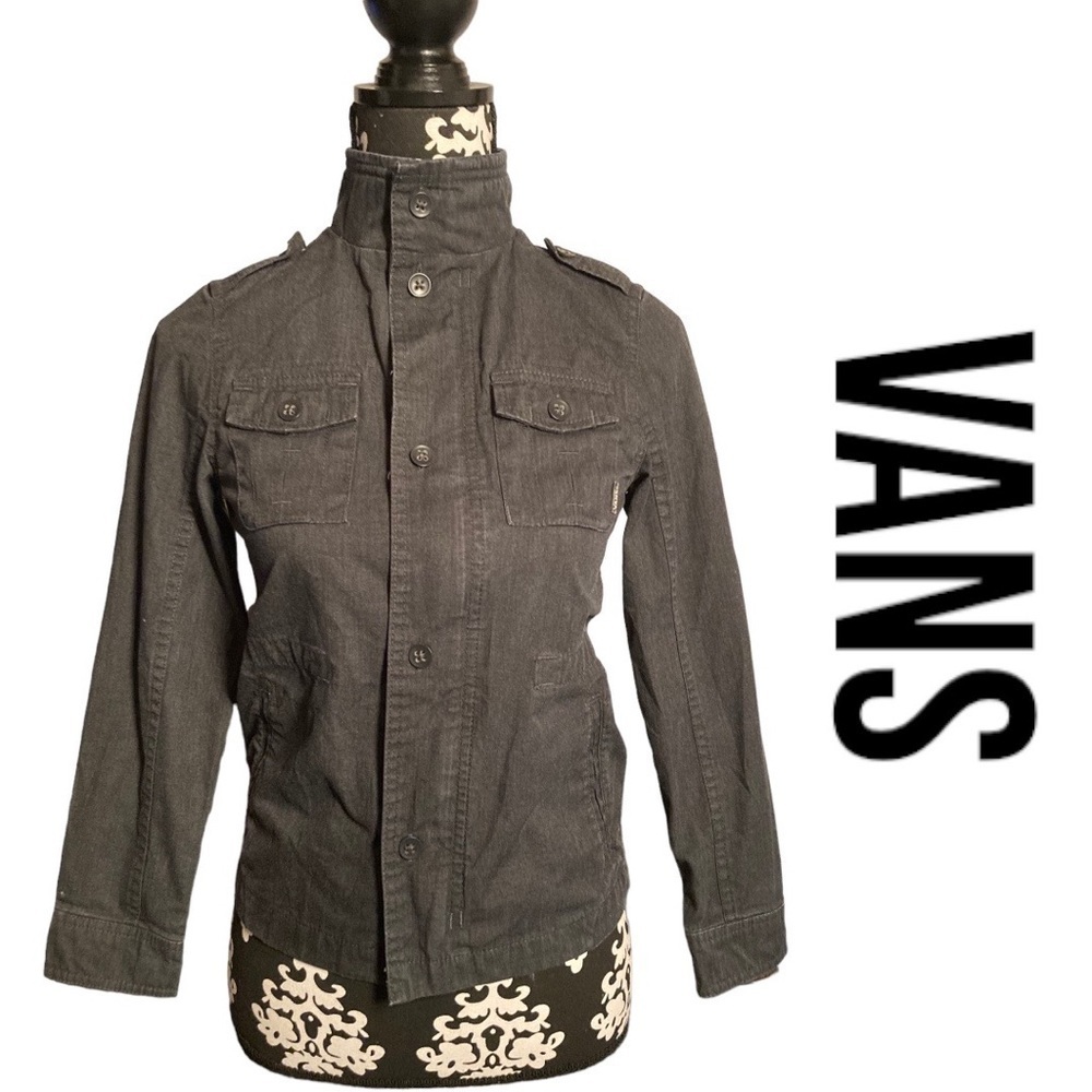 Vans Denim Jacket Women's Small Grey Zipper Snaps Chest Pockets Tapered Fit